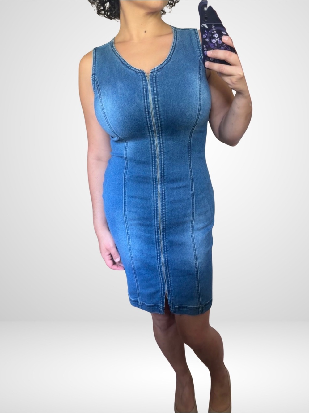 VENUS Blue Denim Zip Front Dress Sz 8 Sleeveless Bodycon Jean Midi Scoop Neck